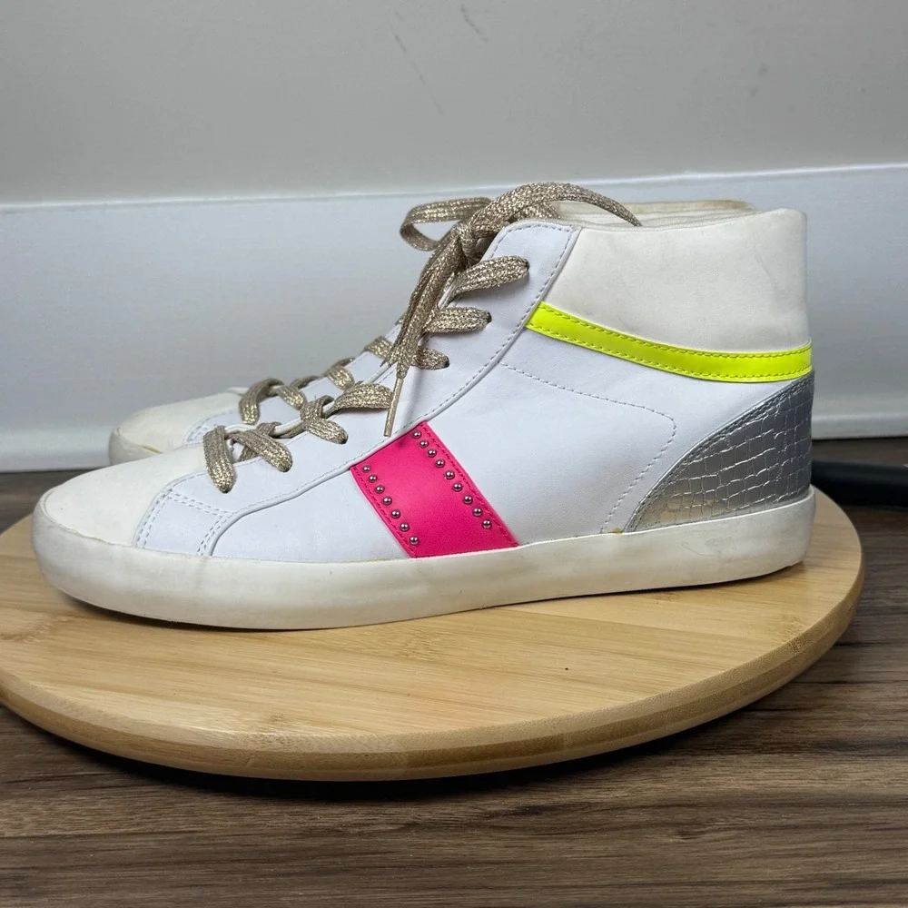 Nine West High Top Sneakers Womens 9 White Neon Pink Yellow Silver Heel Good 80
